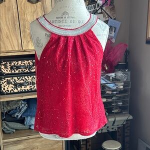 Red Sequined and Beaded Halter Top - Small